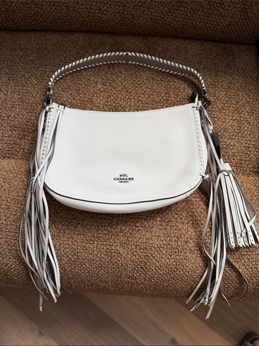 Coach White Leather Hobo Shoulder Bag with Fringe Tassels